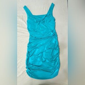 Turquoise Sleeveless Bodycon Dress Ruched Zip Stretch Square Neck XL